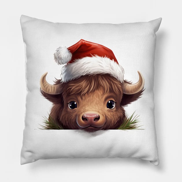 Christmas Peeking Baby Bison Pillow by Chromatic Fusion Studio