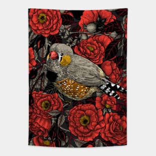 Zebra finch and red rose bush Tapestry