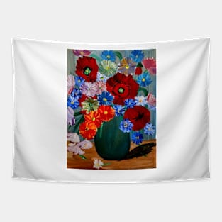 a lovely vibrant bouquet of flowers in a silver vase Tapestry