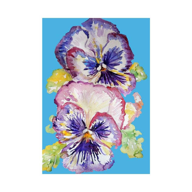 Pansy Watercolor Purple Flower Pattern on Light Blue by SarahRajkotwala