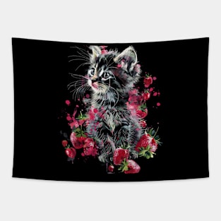 Cat Strawberry Surprises Tapestry