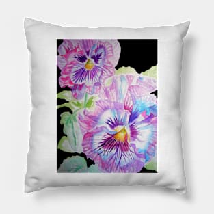 Purple Pansy Watercolor Painting on Black Pillow