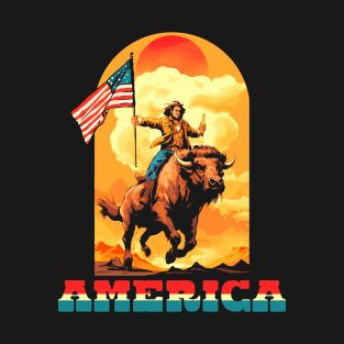 AMERICA! Guy Riding A Buffalo  Drinking Beer T-Shirt