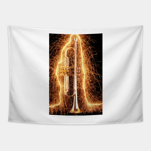 Trumpet outlined with sparks Tapestry by photogarry