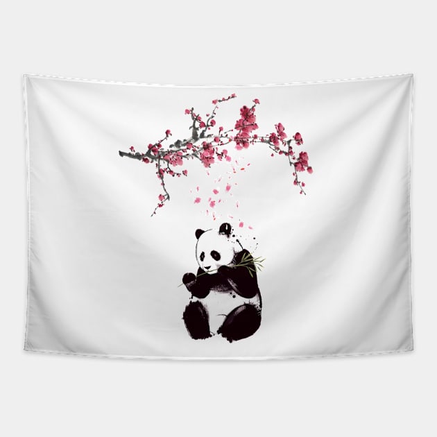 Panda Bear Eating Bamboo with Cherry Blossom Tapestry by USProudness