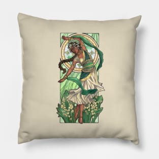 Lady of May with Lily of the Valley and Emerald Dancing Goddess Maiden Mucha Inspired Birthstone Series Pillow