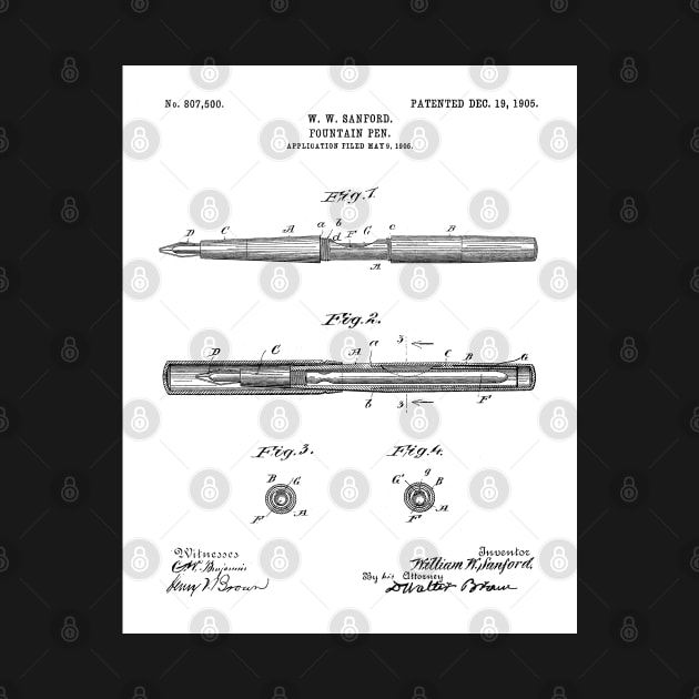 Fountain Pen Patent - Writer Editor Home Office Decor Art - White by patentpress