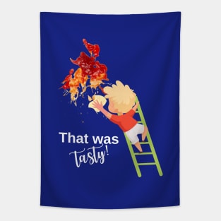 funny design with ketchup stain and kid, for dark background Tapestry