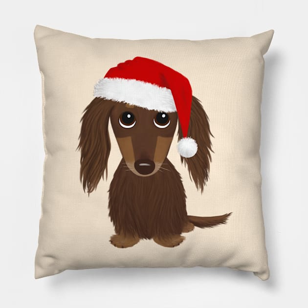 Longhaired Chocolate Dachshund with Santa Hat Cute Dog Christmas Pillow by Coffee Squirrel