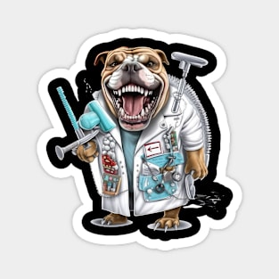 an English Bulldog wearing a dentist's coat and holding a dental drill Magnet