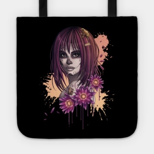 Candy Skull Girl with Flowers and Frogs Tote