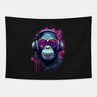 Retro Synthwave Chimpanzee Listening to Music Tapestry