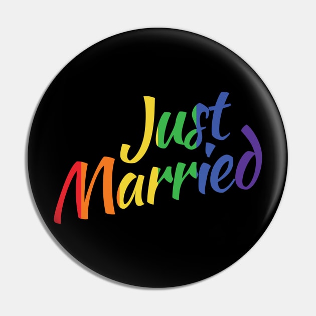 justmarried - Just Married Gay Wedding Rainbow LGBT Pin by Riffize