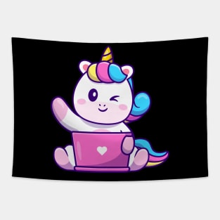 Cute Working On Laptop Cartoon Tapestry