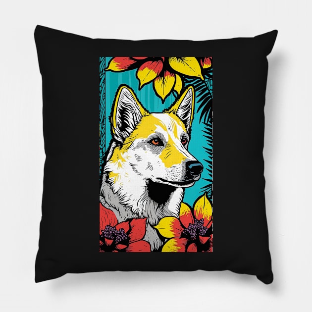 Jindo Dog Vibrant Tropical Flower Tall Retro Vintage Digital Pop Art Portrait Pillow by ArtHouseFlunky