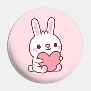 Cute White Bunny Rabbit Hugging Heart Doodle Pin