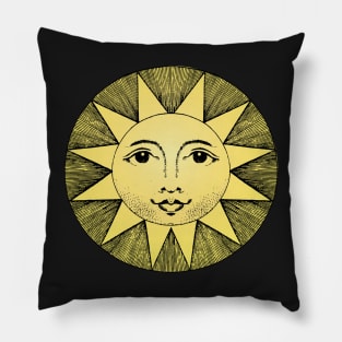 celestial yellow sun with face line drawing vintage black Pillow