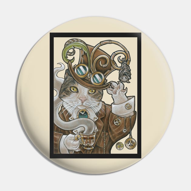 Steampunk Cat -Tea Party with Bat -Charoal Outline Pin by Nat Ewert Art