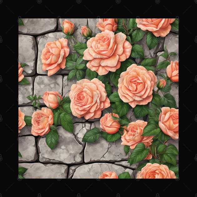 PEACH CLIMBING ROSES ON STONE WALL by Ciervo Primavera