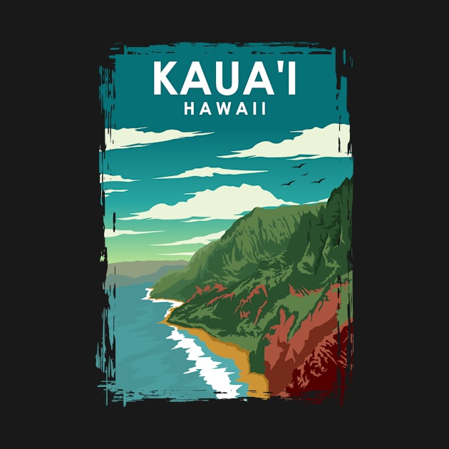 Kauai Hawaii Vintage Minimal Retro Travel Poster by jornvanhezik