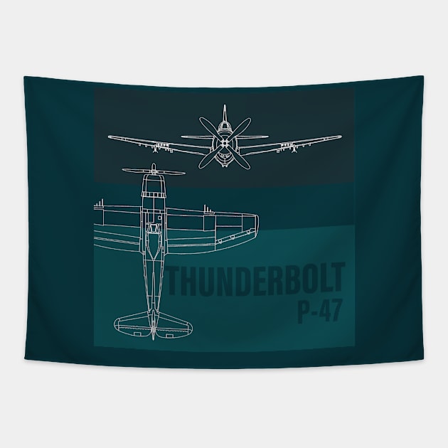 Elevate your Style: P-47 Thunderbolt blueprint design Tapestry by Blue Gingko Designs LLC