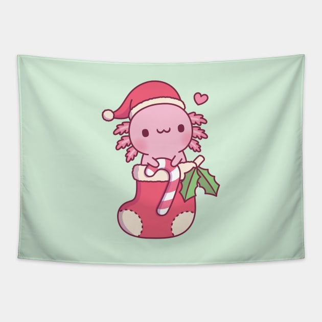 Cute Axolotl Holding Candy Cane In A Christmas Stocking Tapestry by rustydoodle