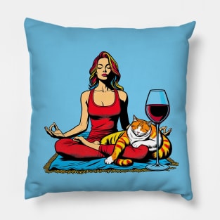 Meditating Woman Cat Wine Pillow