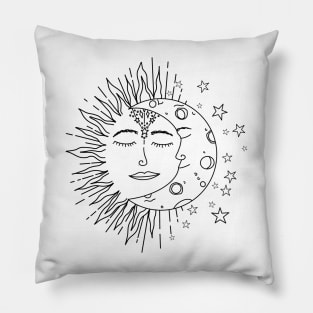 Celestial Sun Moon Black and White Pillow