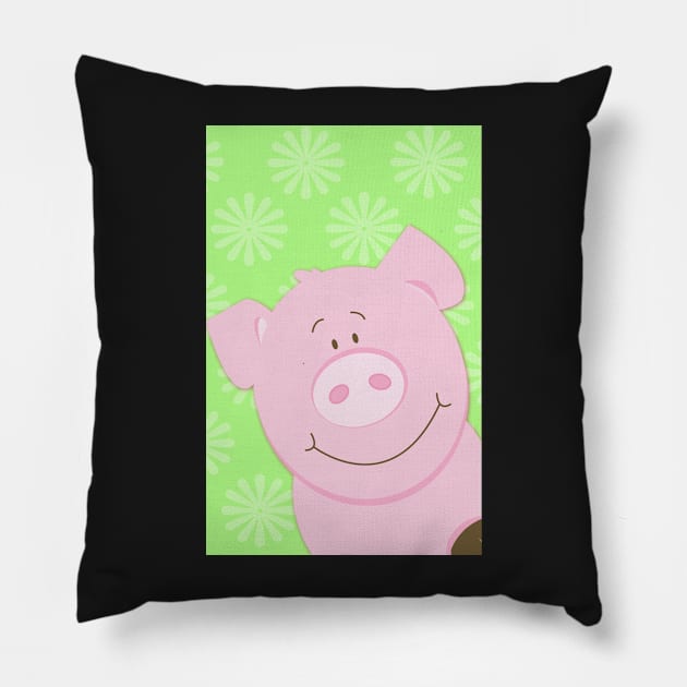 Cute Happy Pig - Green Pillow by JessDesigns