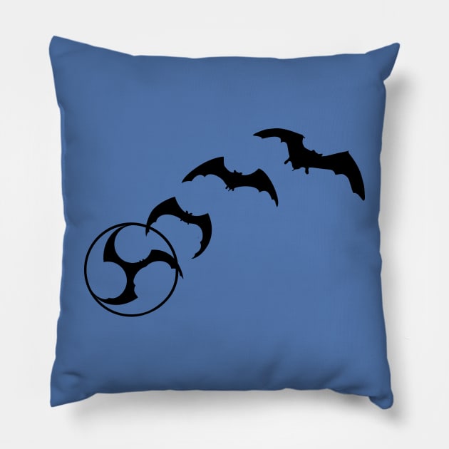 Bat Mitsudomoe black Pillow by Austin Taiko