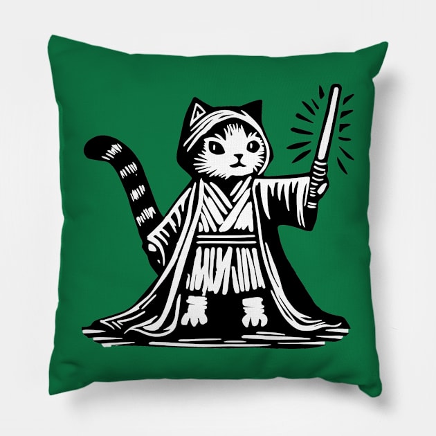 Cats in robes holding a fluorescent light I Pillow by crochetandburn