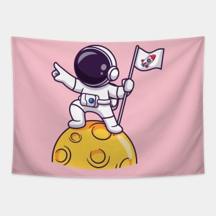 Cute Astronaut Holding Flag On Moon Cartoon Tapestry