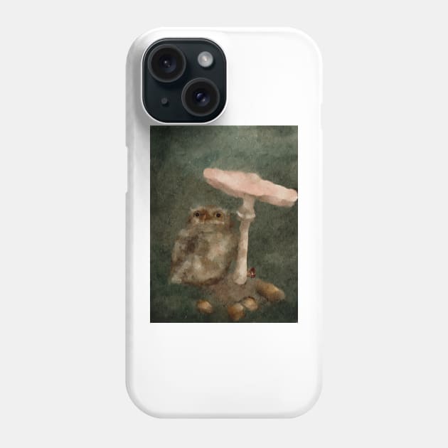 Mushroom forest floor watercolor Baby Pygmy Owl Phone Case by penandbea