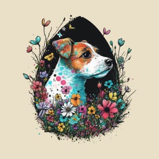 Jack Russell Terrier Easter Egg Silhouette Spring Floral Painting Dog Lover Art T-Shirt