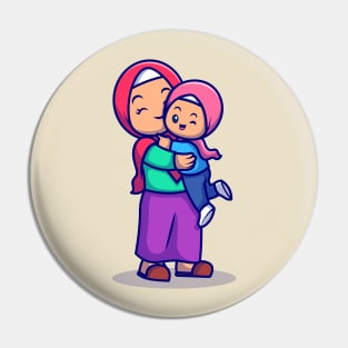 Cute Mother And Daughter Moslem Celebrating Eid Mubarak  Cartoon Pin