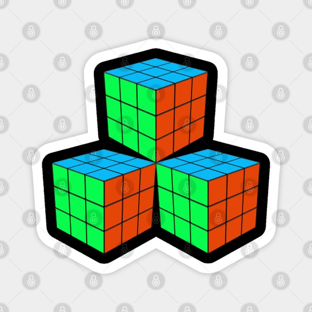 Three Rubik Cubes in a Triangle - Green, Light Blue and Orange Magnet by The Black Panther