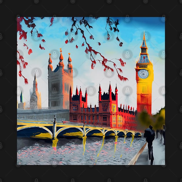 Oil on canvas, London street. A work of art. Big Ben and the Red Tree. To England by CHRONIN