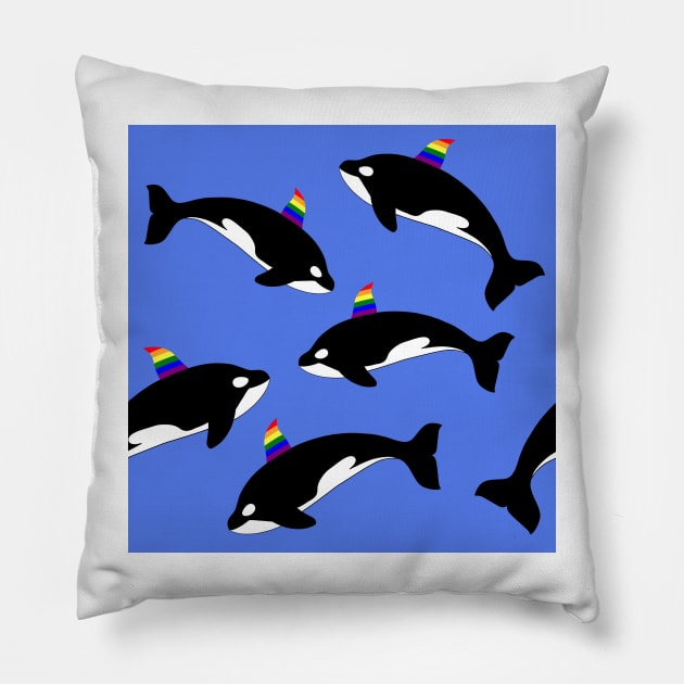 Gay pride rainbow orca killer whale. Seamless pattern on blue water background. Pillow by Nalidsa