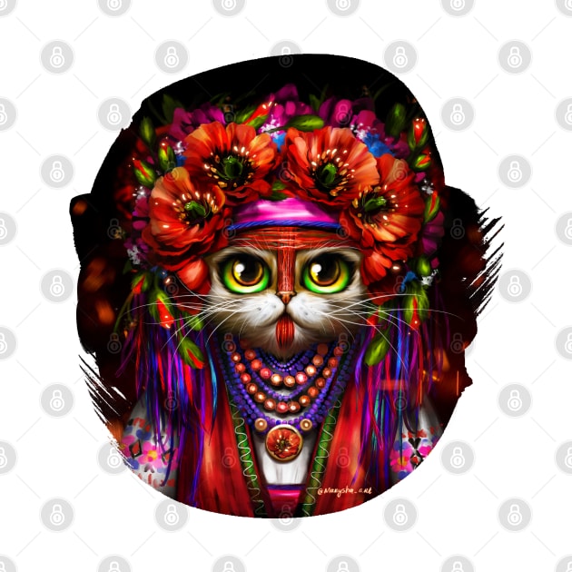 A Ukrainian cat Motanka in folk costume with a wreath of flowers on her head by Marysha_art