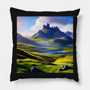Psychedelic Highlands with a Castle in the distance Pillow