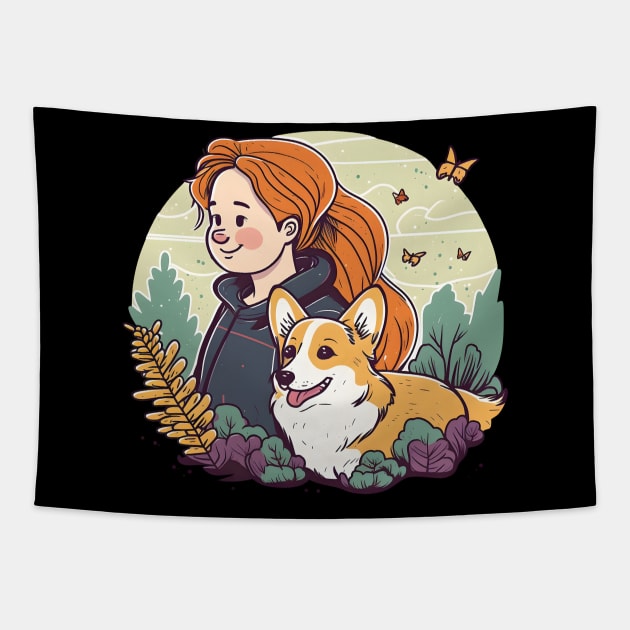 Corgi & Girl Cute Pembroke Welsh Corgi Floral Vintage Dog Lover Tapestry by Ai Wanderer