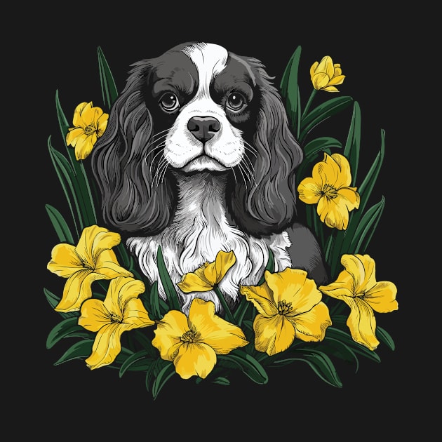 King Charles Spaniel with daffodils illustration by gezwaters