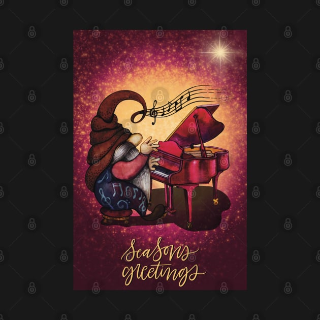 Cute Christmas greeting card with hippie gnome playing music on the piano by marina63