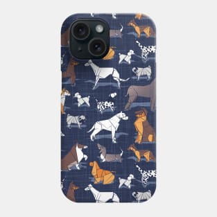 Origami doggie friends II // pattern // navy blue linen texture background paper dogs Phone Case