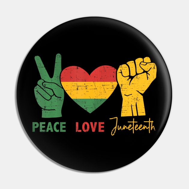 Peace Love Juneteenth with african flag heart and fist Pin by mccloysitarh