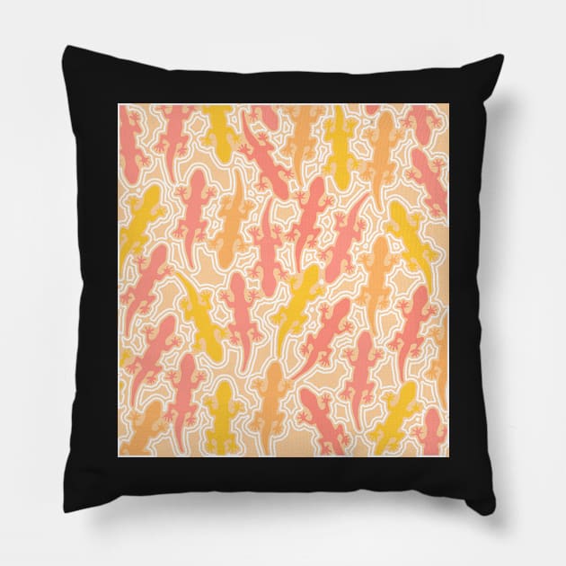 Cute lizards in coral and yellow Pillow by cocodes