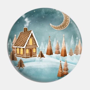 Gingerbread house moon and trees watercolor illustration. Fantasy candy world Christmas decorations. Snow hills. Magic winter forest Pin