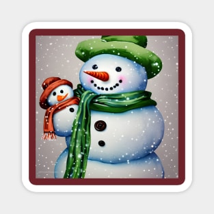 Cute Snowman holding a Baby Snowman under the Snow Magnet