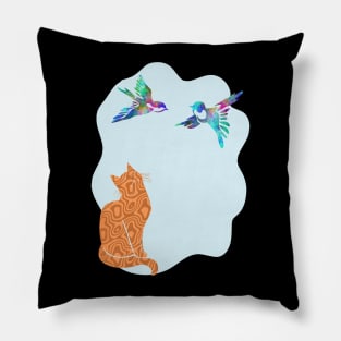 Camouflage Orange Cat Watching Birds Silhouette Art Pillow