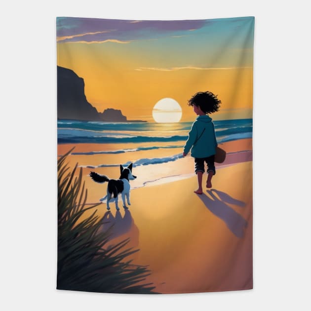 child playing with a dog on the beach. Tapestry by MeriemBz